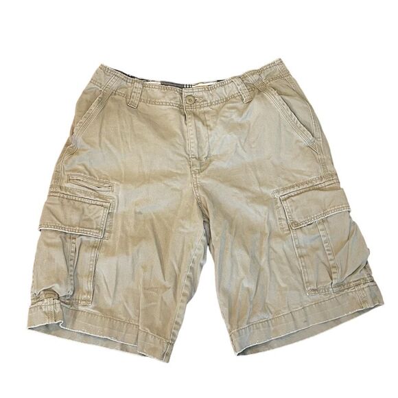 Sears Roebuck & Co Classic Cargo Shorts Tan Khaki Cotton Twill Knit Pockets 34 - Picture 1 of 5